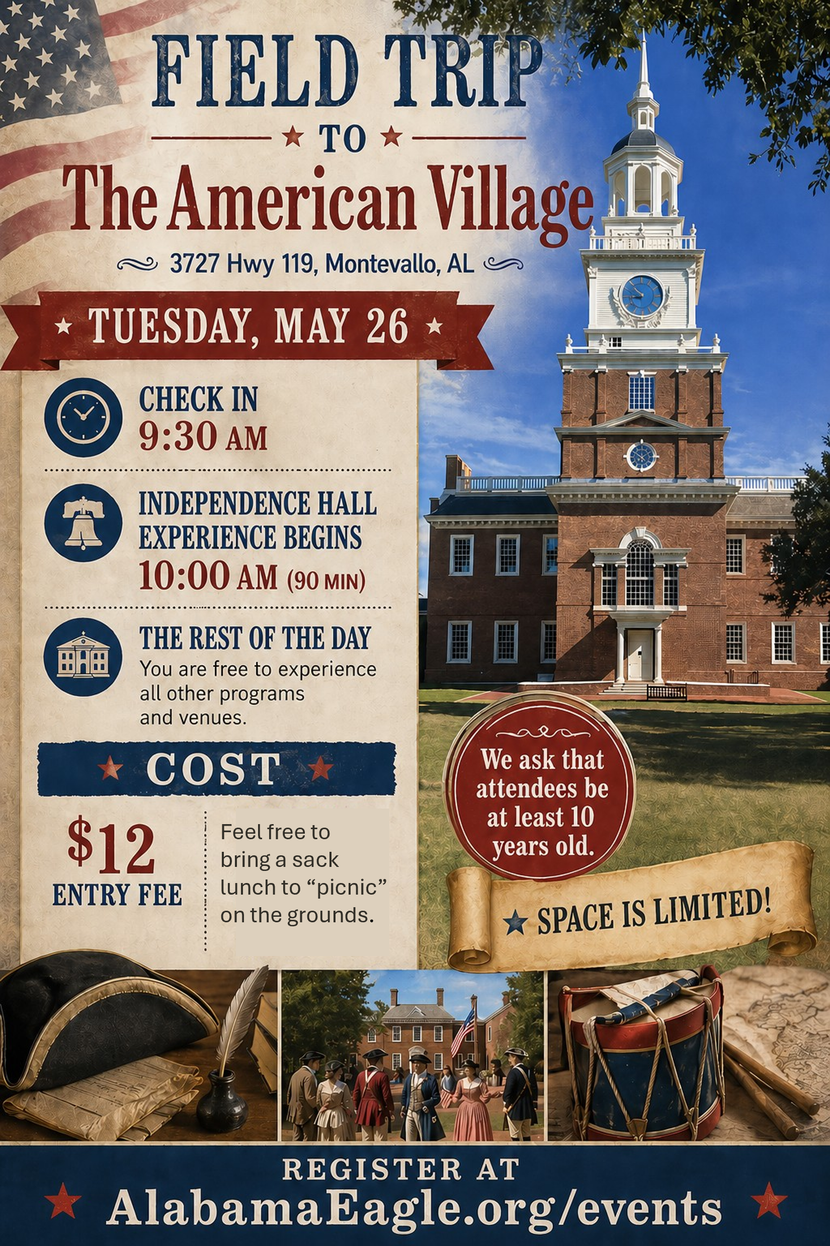 field trip American Village SACK lunch 5.26.26
